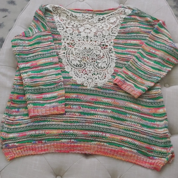 Yuka France Pastel Striped Sweater Lace Back XL - Picture 3 of 7